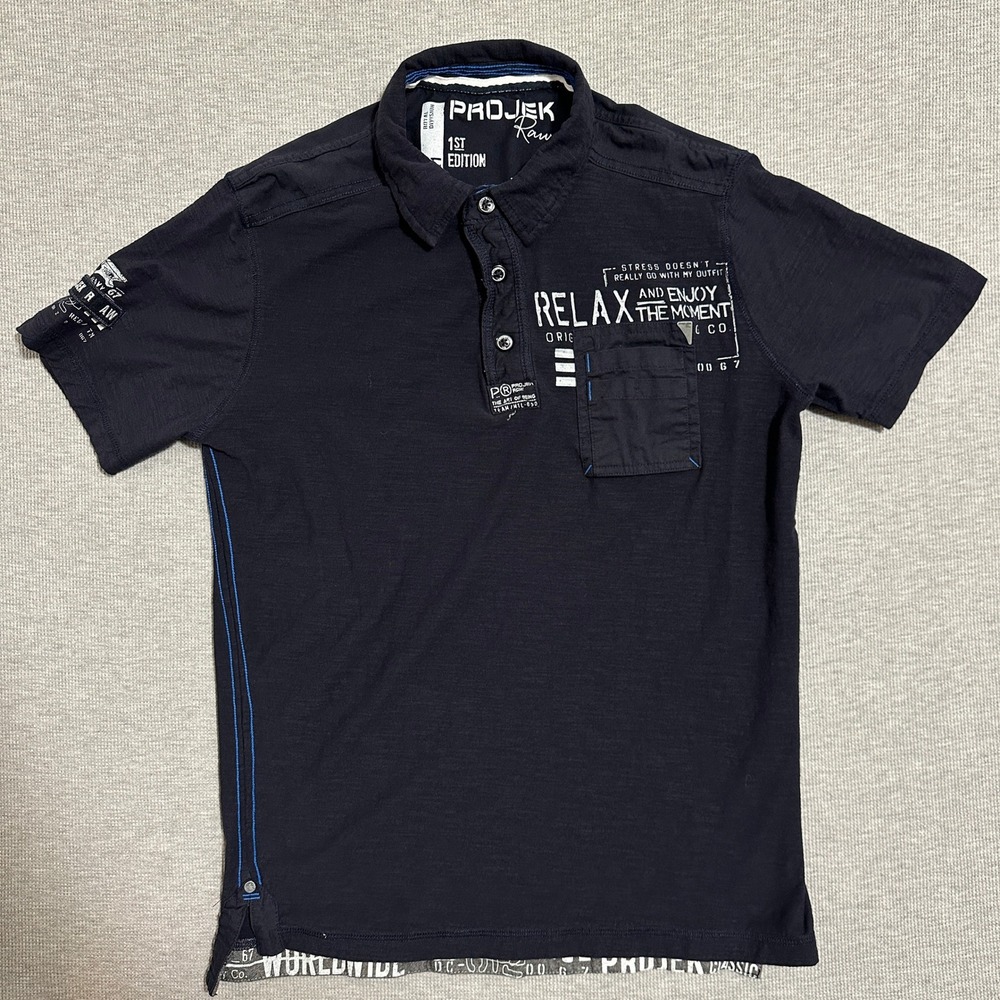Projek Raw Navy Blue Graphic Short Sleeve Polo Shirt Mens Size M 1st Edition